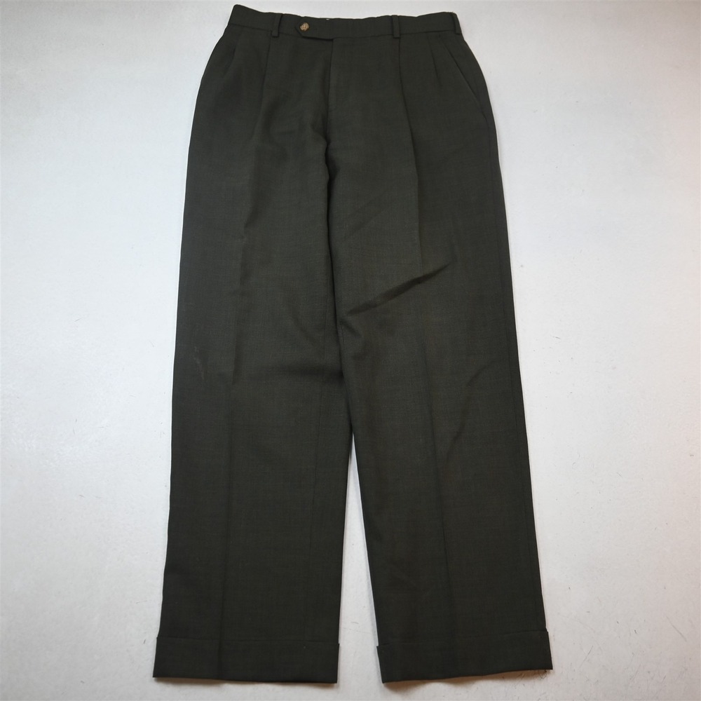 Lands End 30x32 Green 100% Wool Pleated Cuffed Traditional Dress Mens Pants
